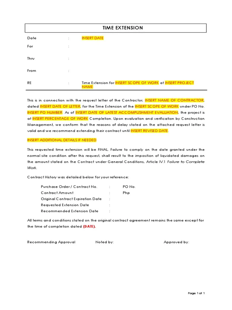Printable extension of time notice template