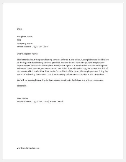 janitorial services not cleaning well written notice template