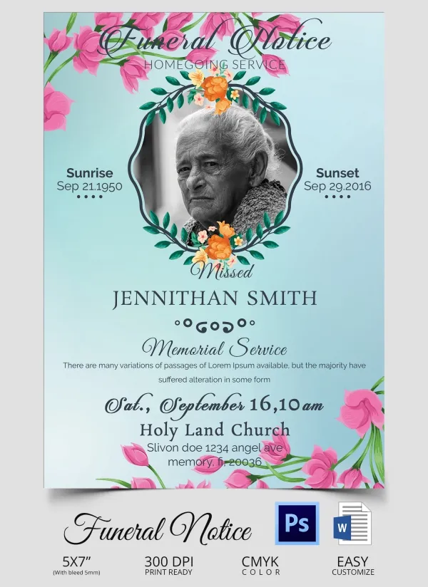 Printable passed away death notice template