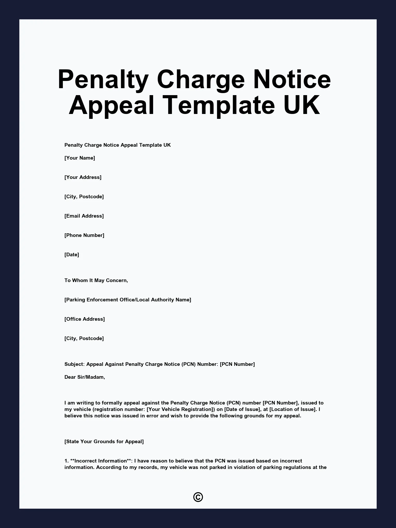 penalty charge notice appeal letter template