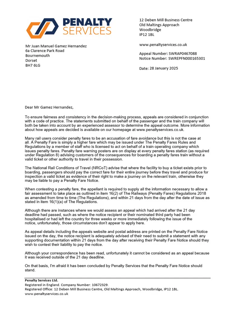 penalty fare notice appeal letter template