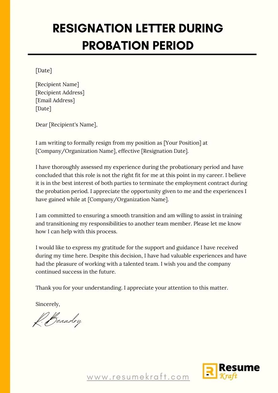 probationary period notice resignation template