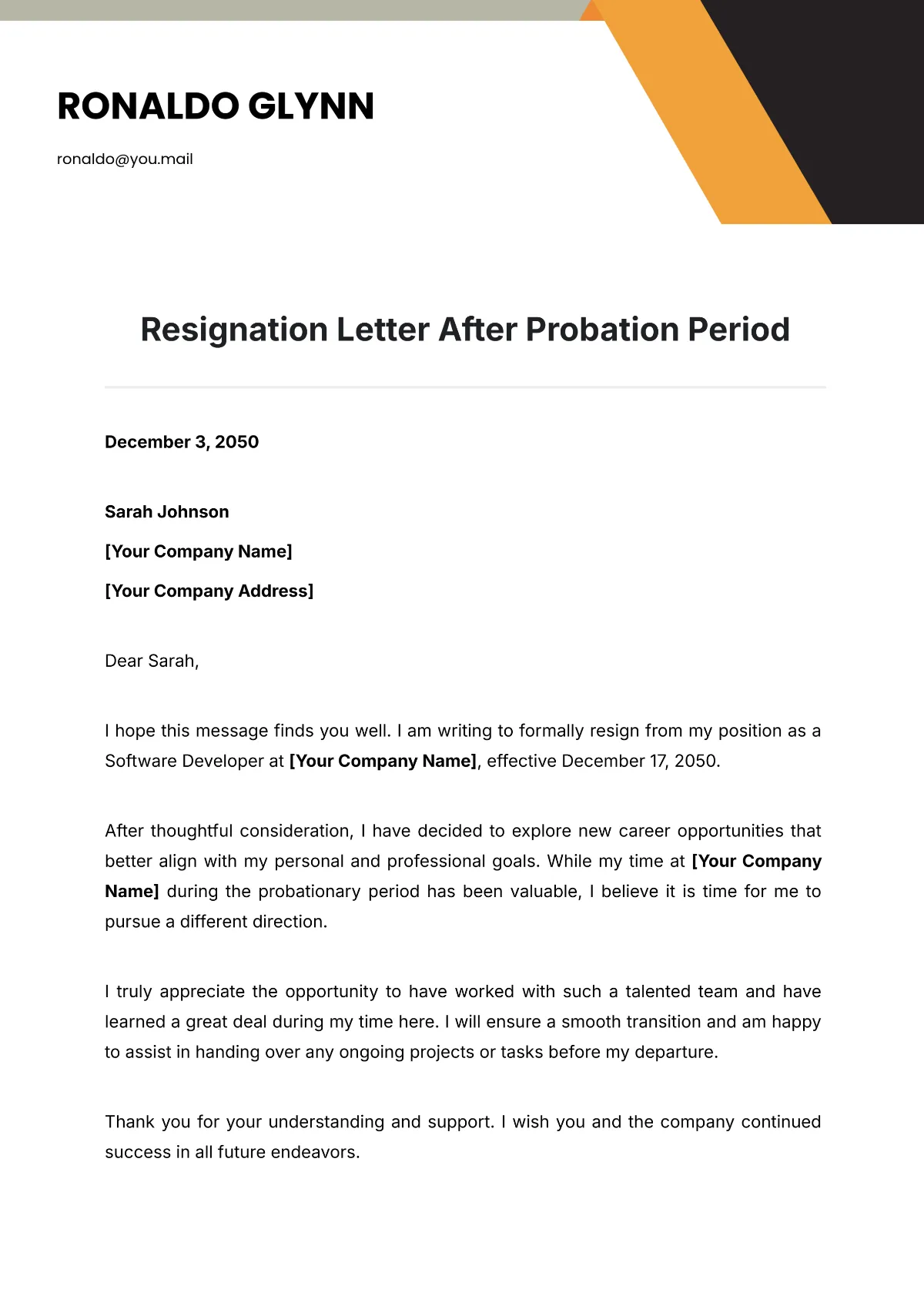 Printable probationary period notice resignation template