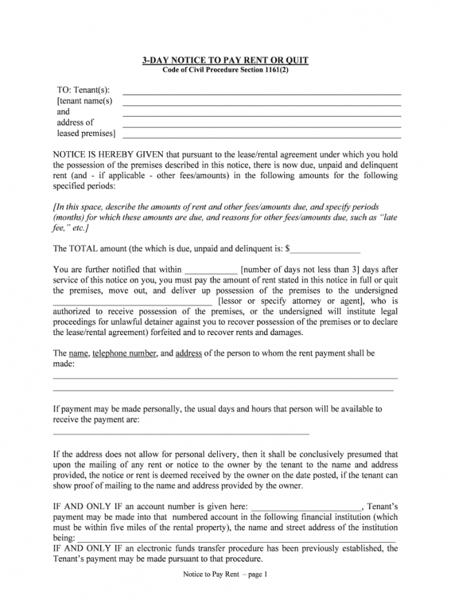 3 Day Notice To Pay Rent Or Quit Template Doc
