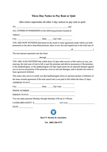Editable 3 Day Notice To Pay Rent Or Quit Template Doc Sample