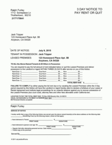 Free 3 Day Notice To Pay Rent Or Quit Template Excel Example