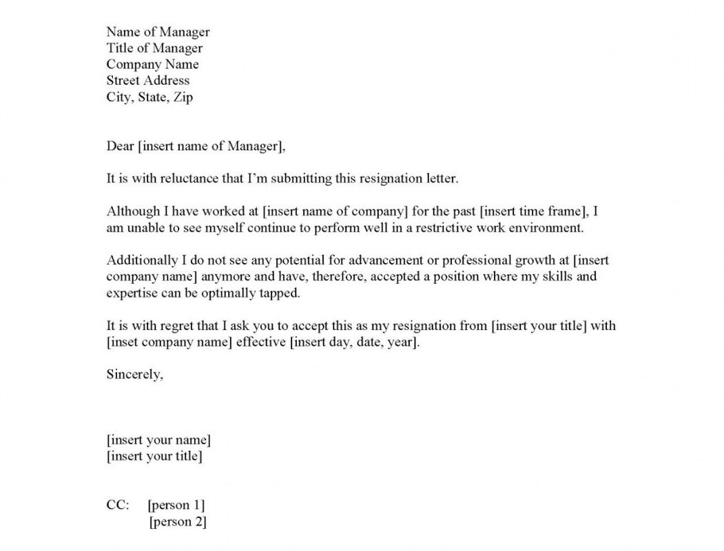 Free Notice Of Resignation Letter Template Doc Sample