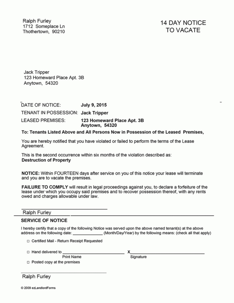 Notice To Vacate Premises Template Doc Sample Tacitproject 6809