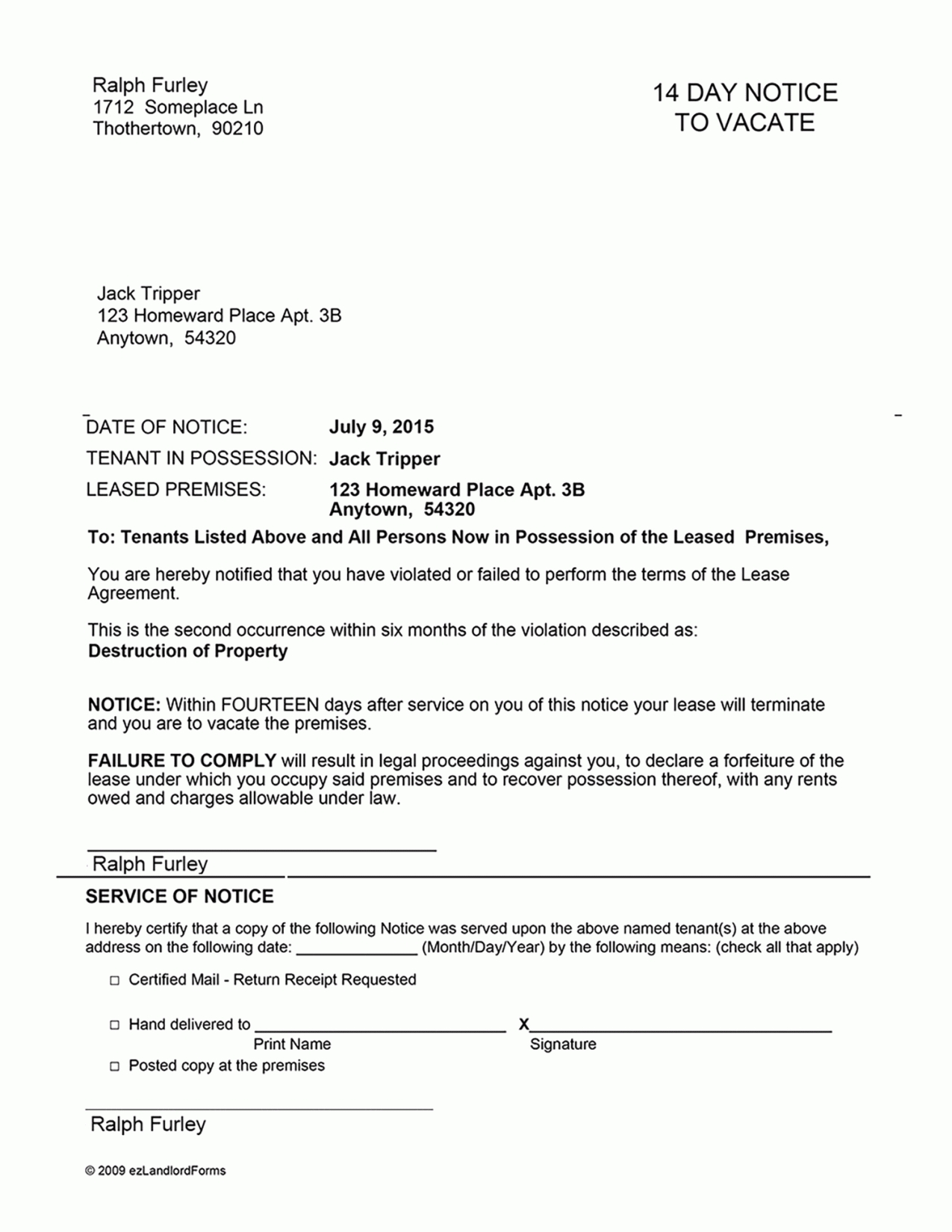 Notice To Vacate Premises Template Doc Sample