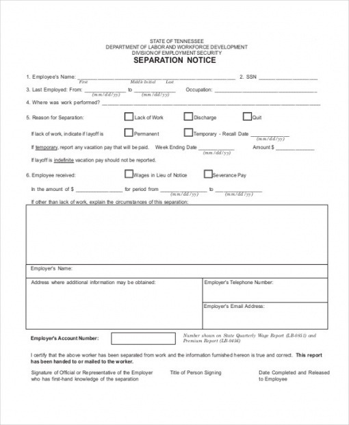 Printable Employment Separation Notice Template Doc Example