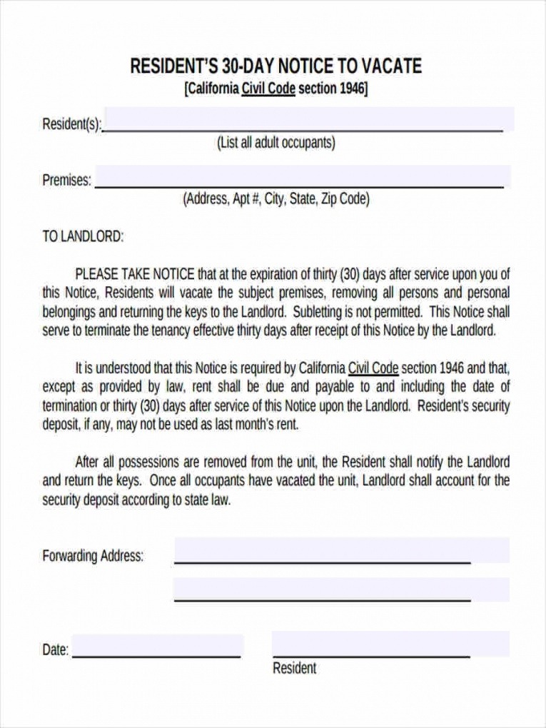 Printable Sample 30 Day Notice To Landlord Template Doc Sample