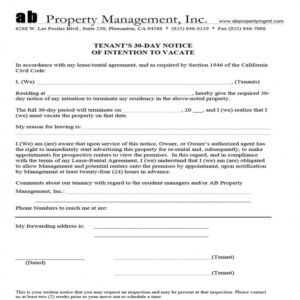 Printable Tenant 30 Day Notice Template Doc Sample