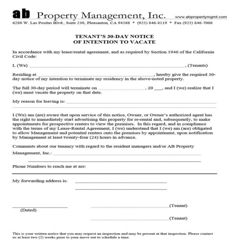 Printable Tenant 30 Day Notice Template Doc Sample Tacitproject 9994