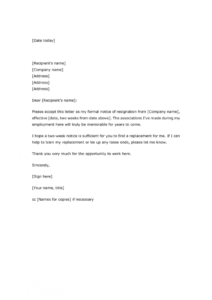 Professional 2 Weeks Notice Template Email Word Sample