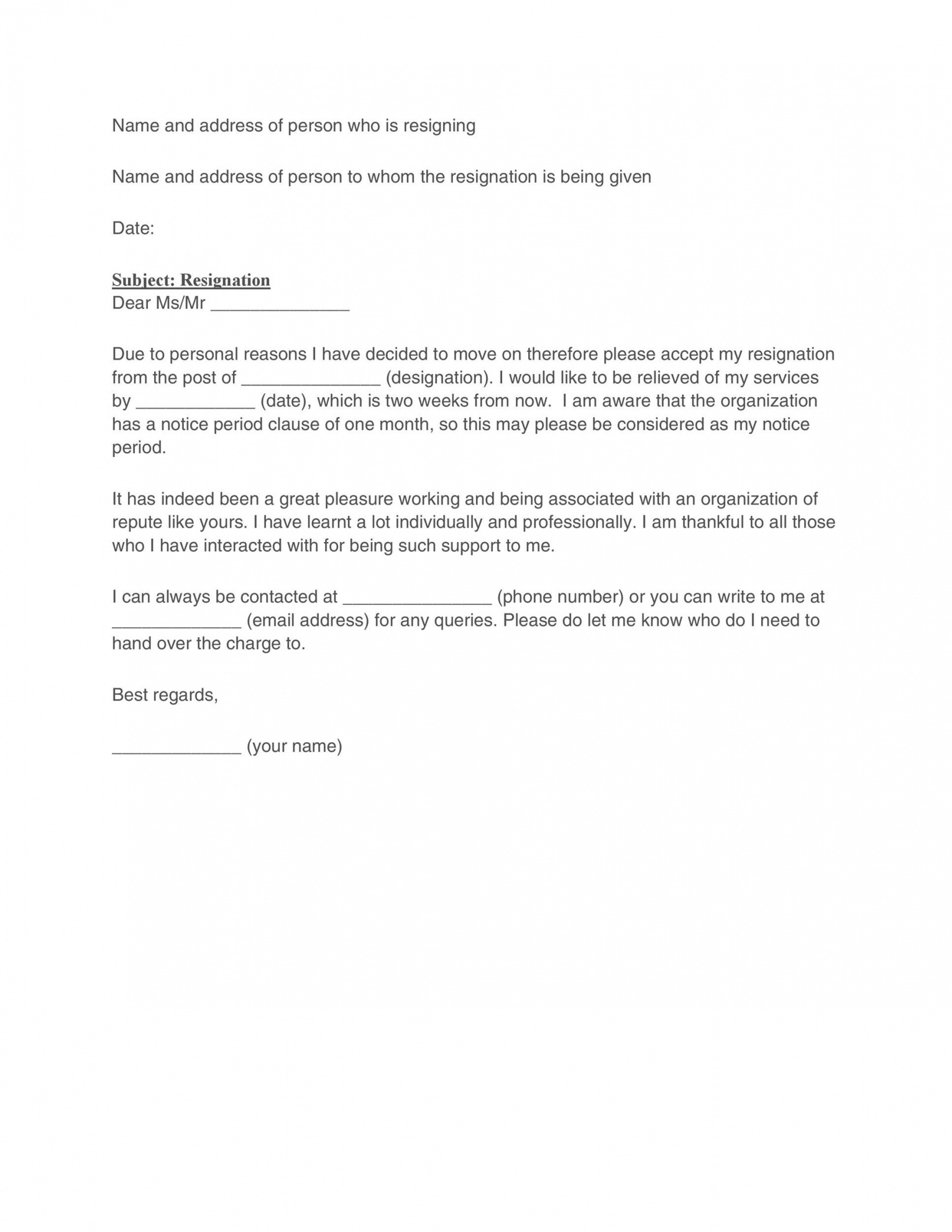 Professional 2 Weeks Notice Template Email Word Sample