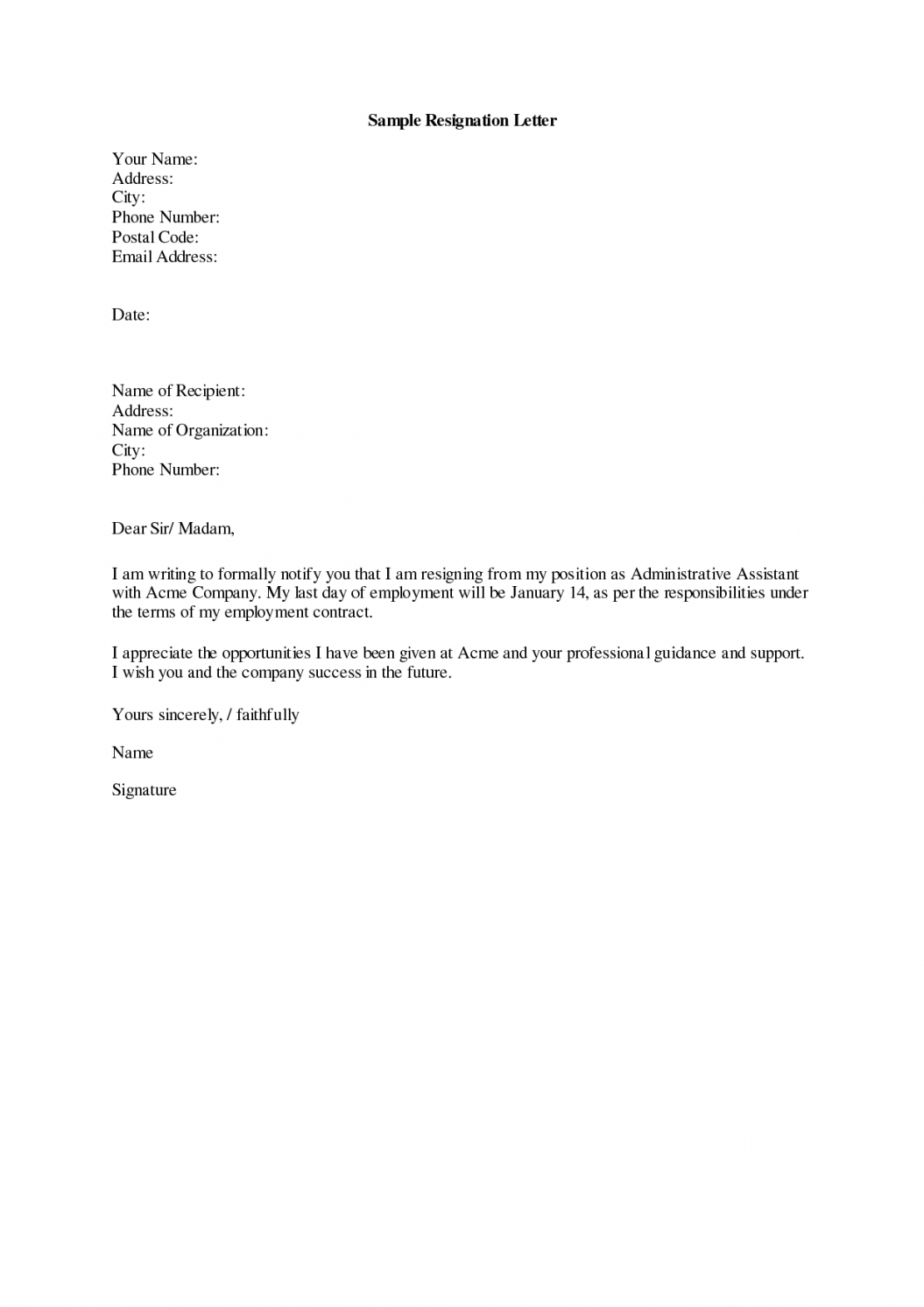 Professional Notice Of Resignation Letter Template Pdf Sample