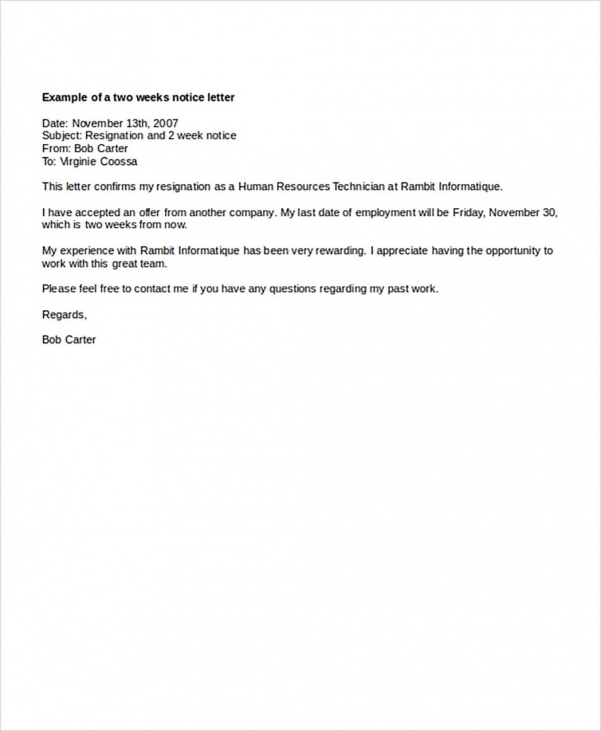 Professional Two Weeks Notice Letter Template Pdf Doc Sample