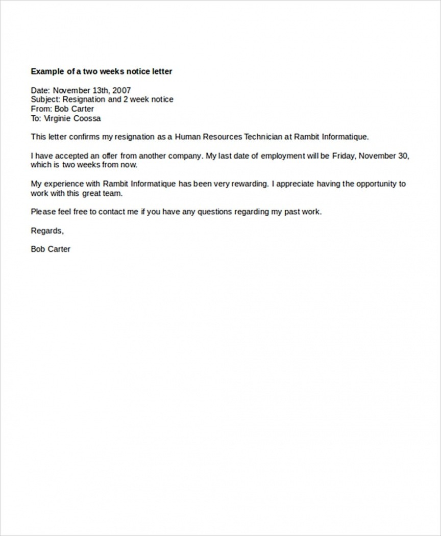 Professional Two Weeks Notice Letter Template Pdf Doc Sample Tacitproject 