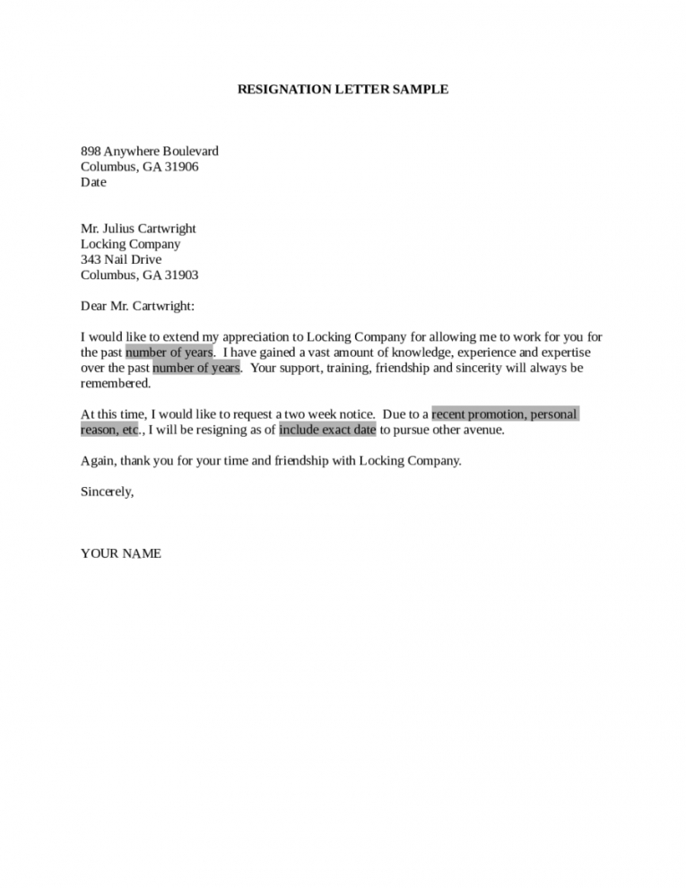 Two Weeks Notice Letter Template Pdf Excel