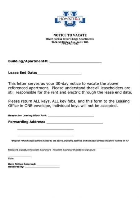 30 Day Vacate Notice Template Excel Sample