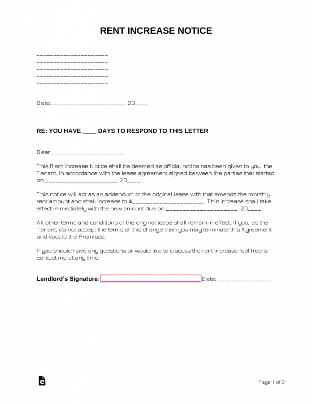 Best Notice Of Rent Increase Template Word Sample