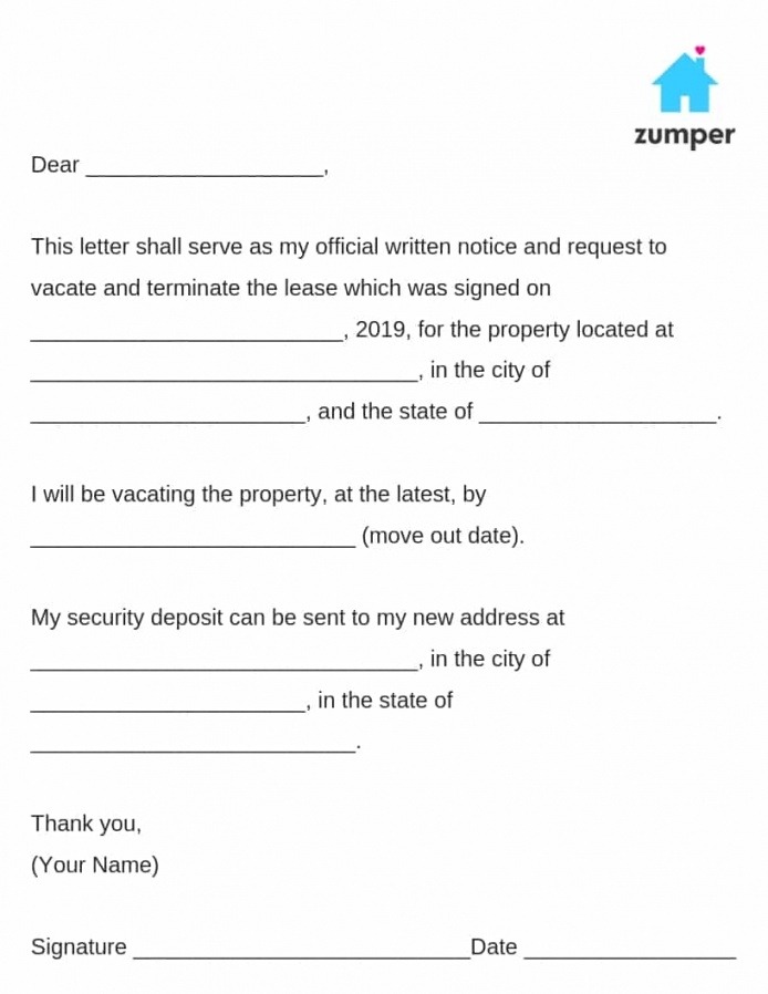 one month notice for landlord sample letter