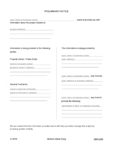 Costum Pre Lien Notice Template Doc Sample