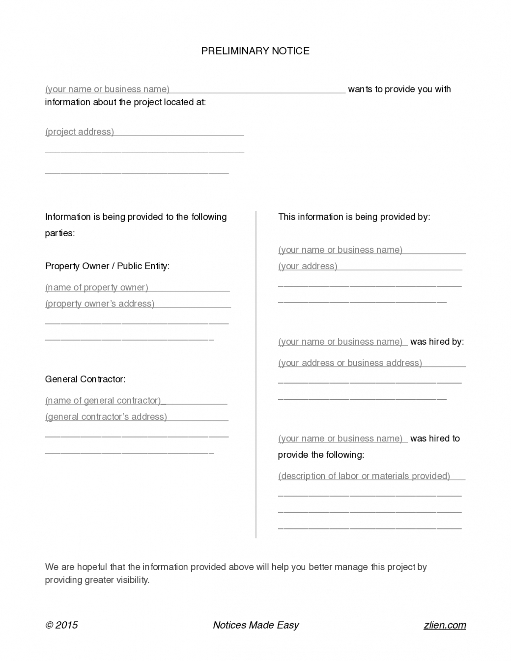 Costum Pre Lien Notice Template Doc Sample Tacitproject