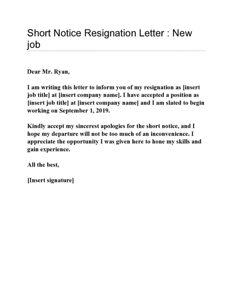 Costum Short Notice Resignation Letter Template Word Example - Tacitproject