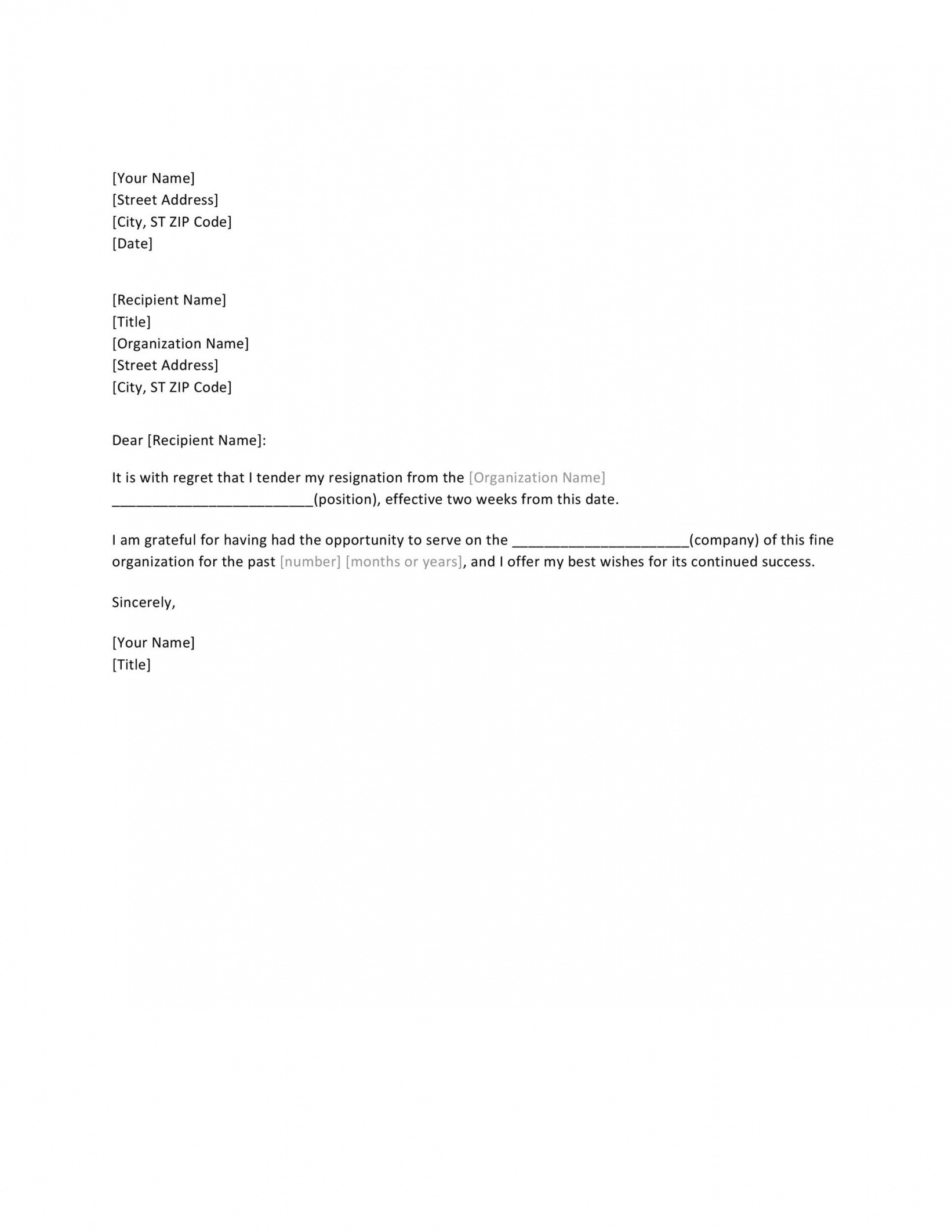 Costum Template Resignation Letter 2 Week Notice Word Sample
