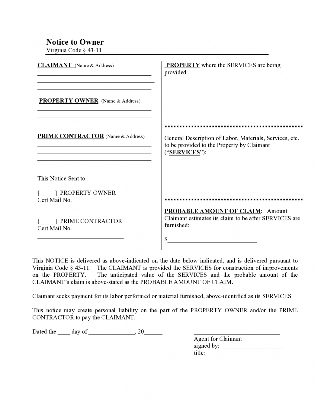 Florida Notice Owner Template Doc