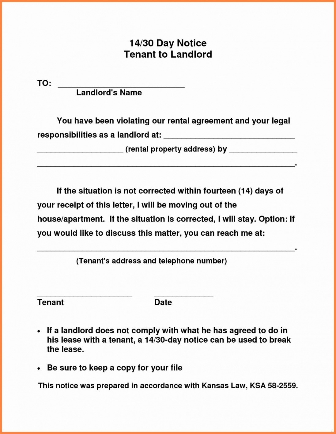 Free 30 Day Notice To Vacate Landlord To Tenant Template Doc Sample