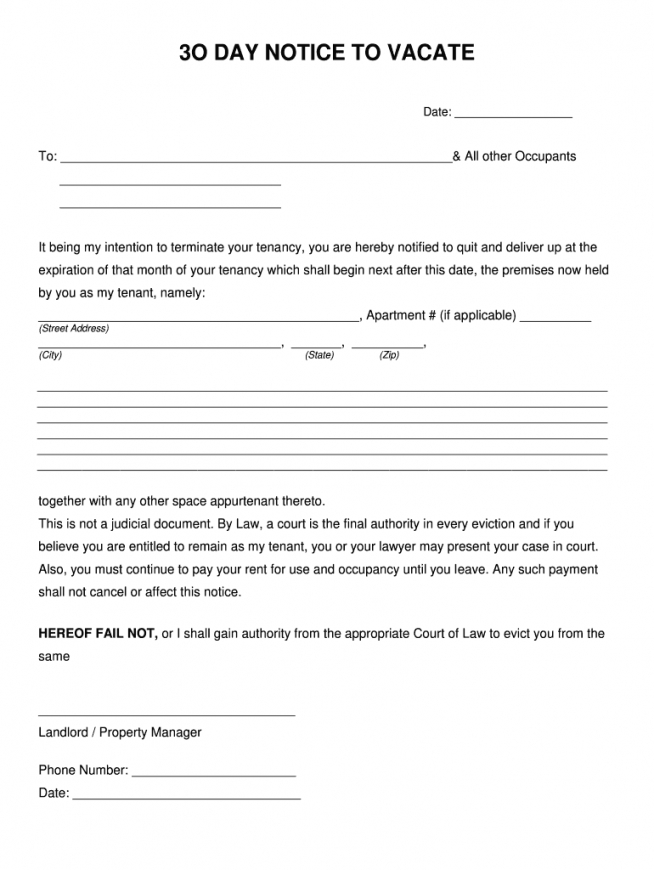 30 Day Notice To Vacate Letter Template