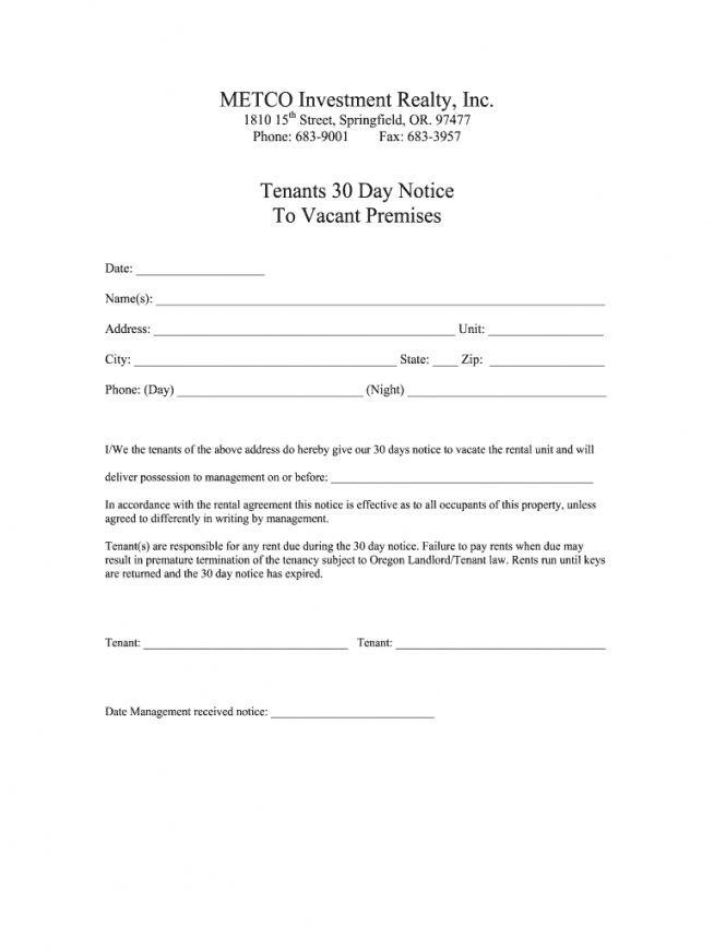 Free 30 Day Vacate Notice Template Pdf Example