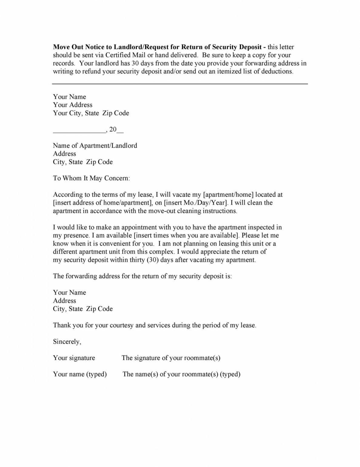 Free Move Out Notice To Landlord Template Sample Tacitproject