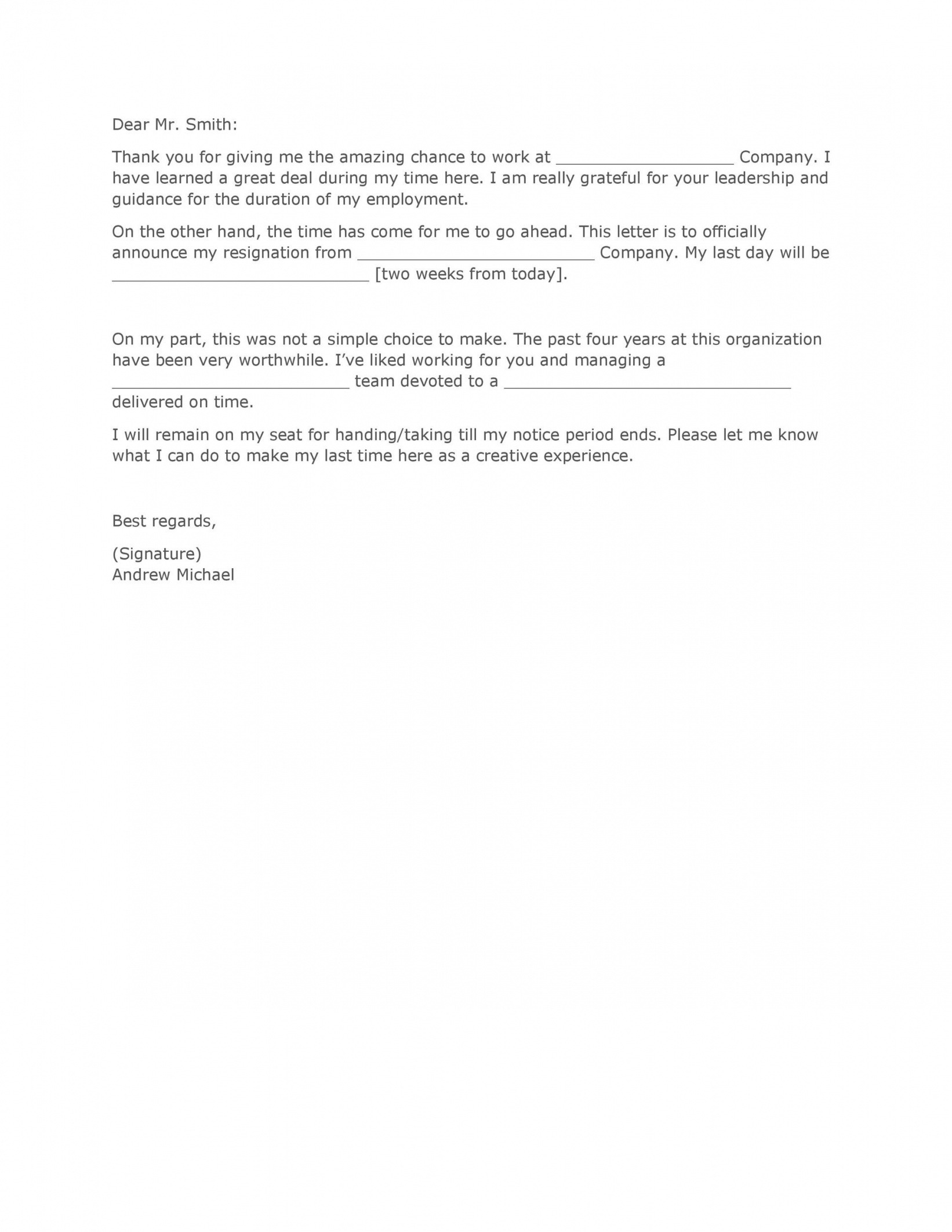 Free Template Resignation Letter 2 Week Notice Word Sample