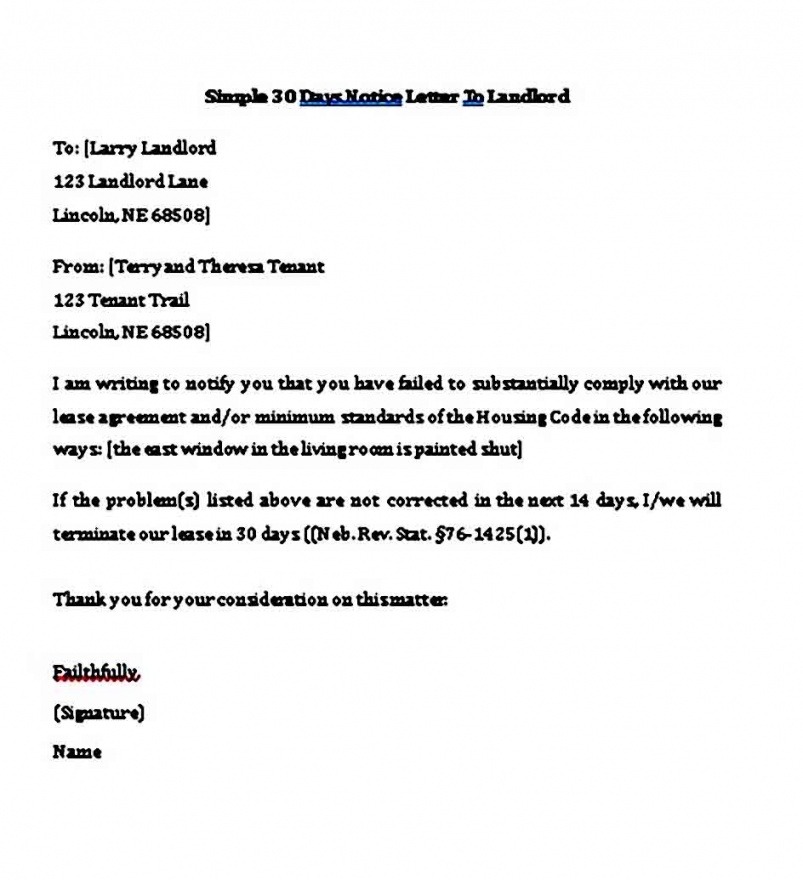 Printable 30 Day Notice To Vacate Letter To Landlord Template Pdf Sample