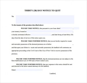Printable 30 Day Vacate Notice Template Word Example