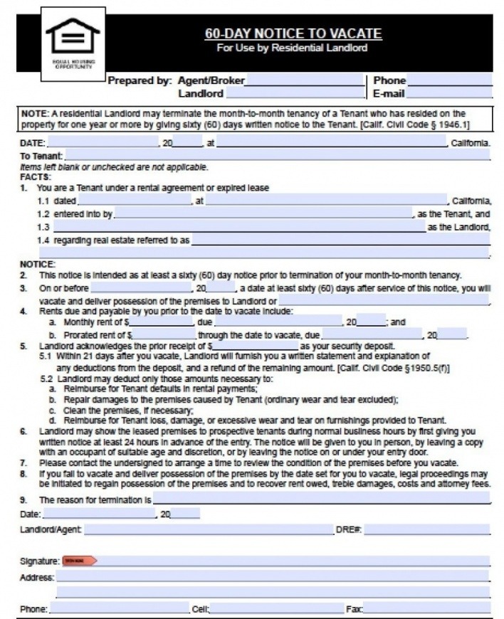 Printable 60 Day Notice To Landlord Template Excel Tacitproject