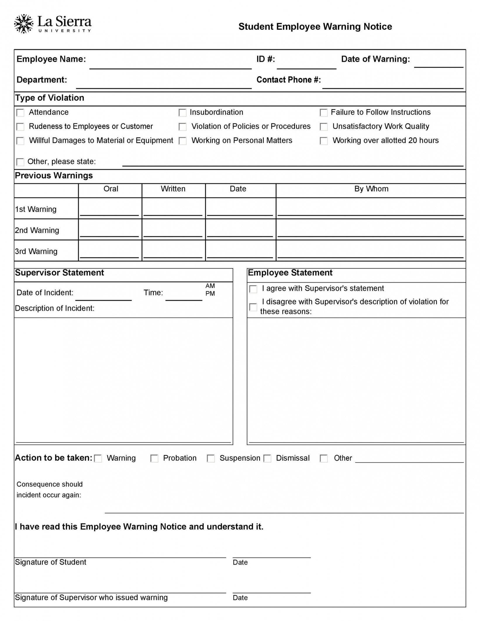 Printable Employee Warning Notice Form Template Pdf Example