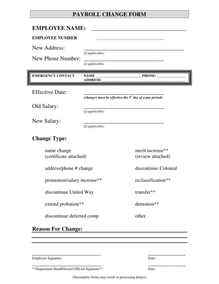 Printable Payroll Change Notice Form Template Doc - Tacitproject