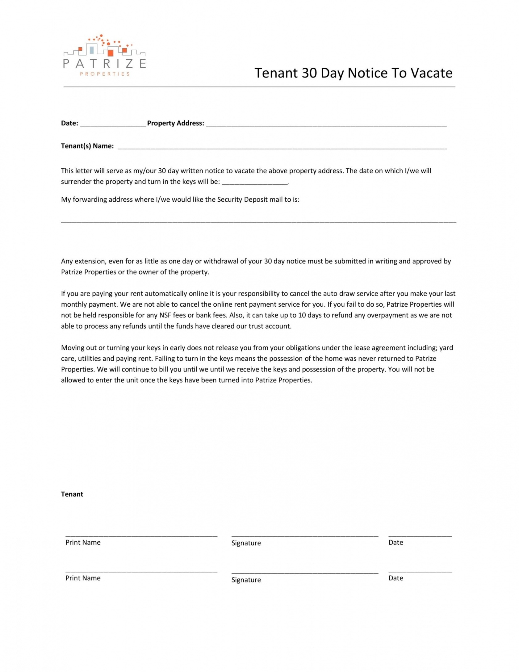 Printable Template For 30 Day Notice By Tenant Excel Example