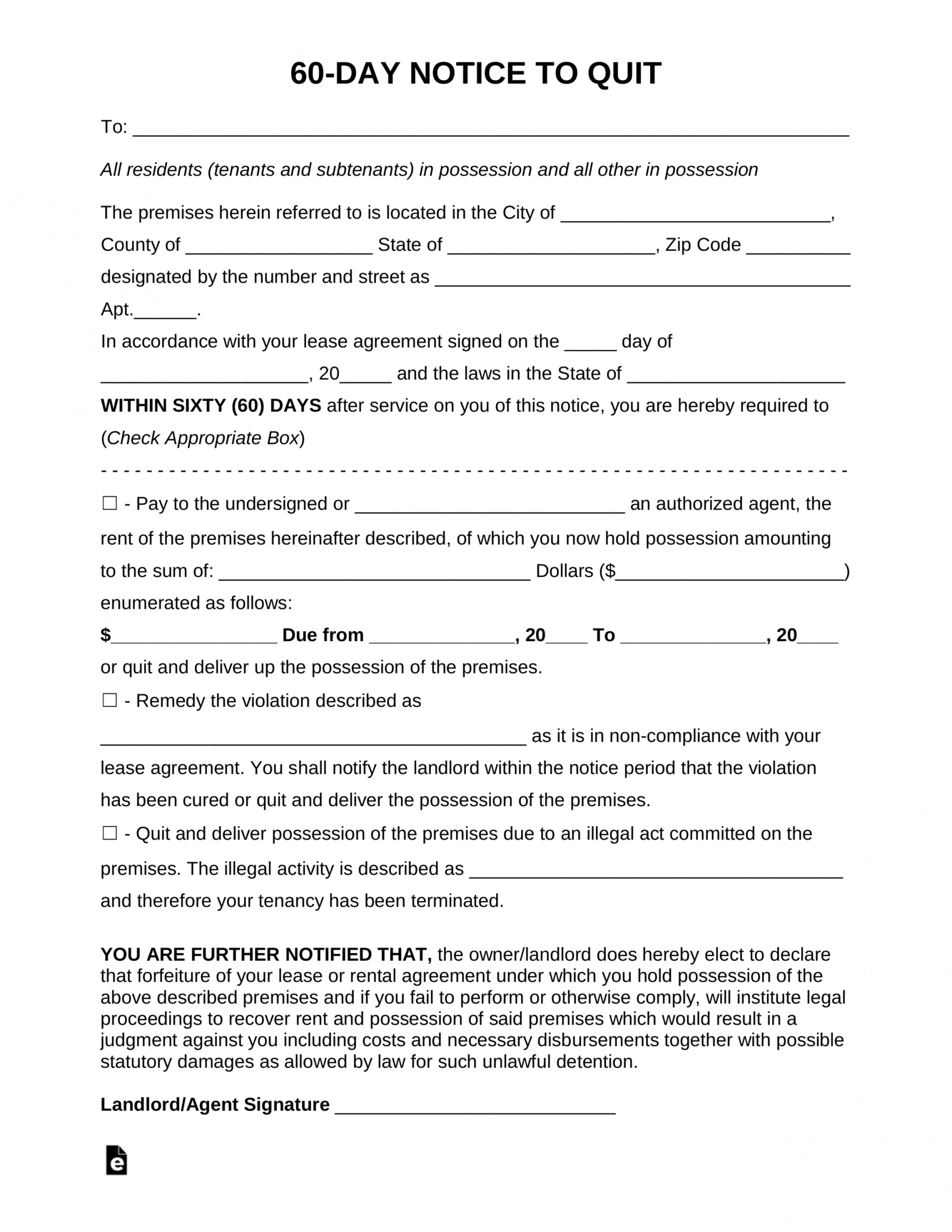 Professional 60 Notice To Vacate Template Pdf Sample