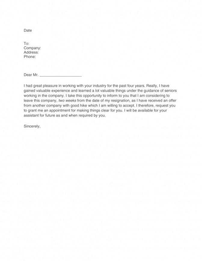 Template Resignation Letter 2 Week Notice Excel Sample