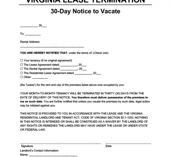 30 Day Notice Lease Termination Letter Template