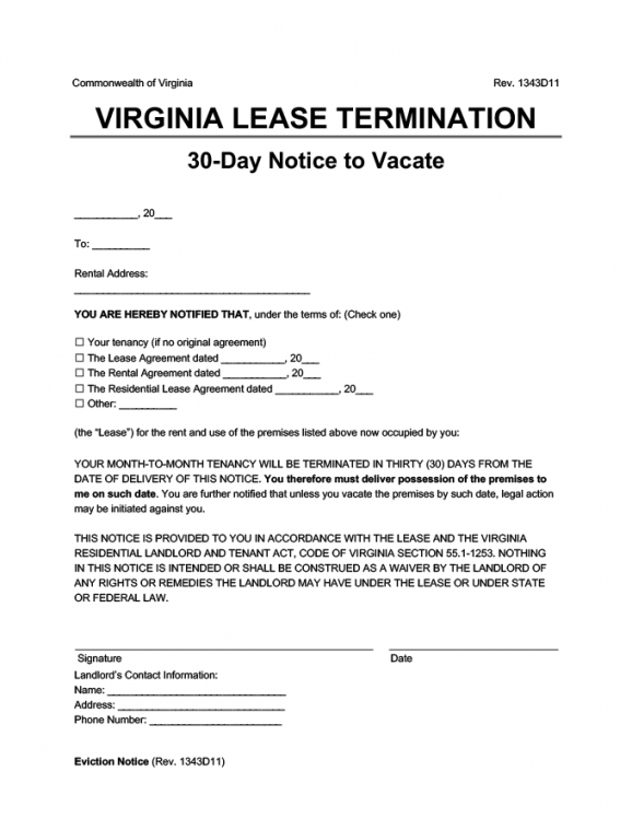Editable 30 Day Notice Lease Termination Letter Template Pdf Example