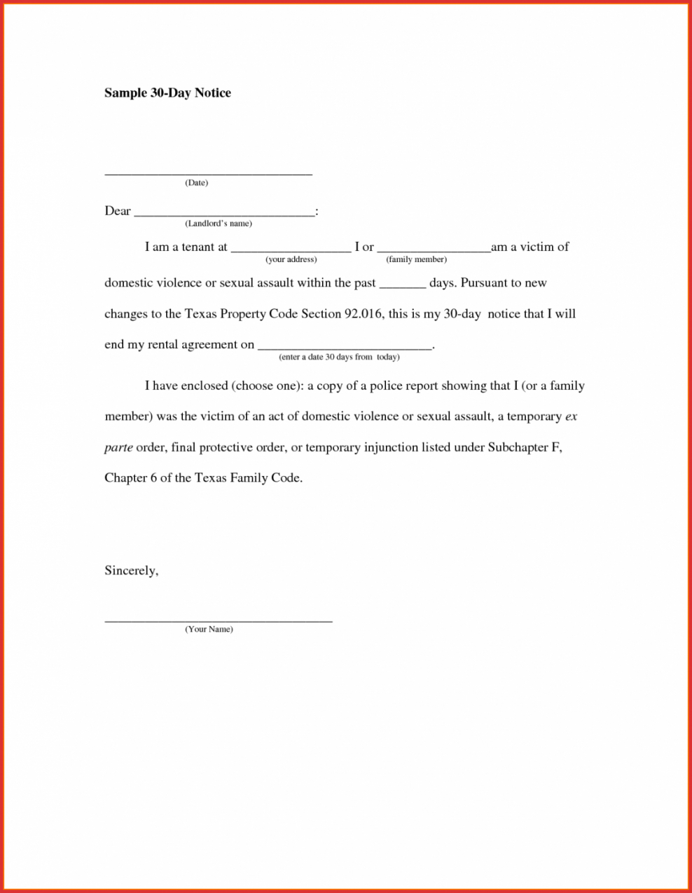 Editable Template For 30 Days Notice To Landlord  Example
