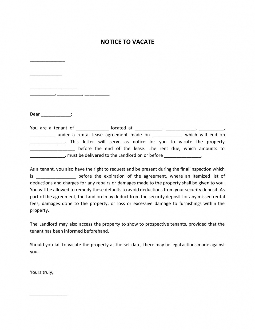 Notice Of Intention To Vacate Template Pdf Sample