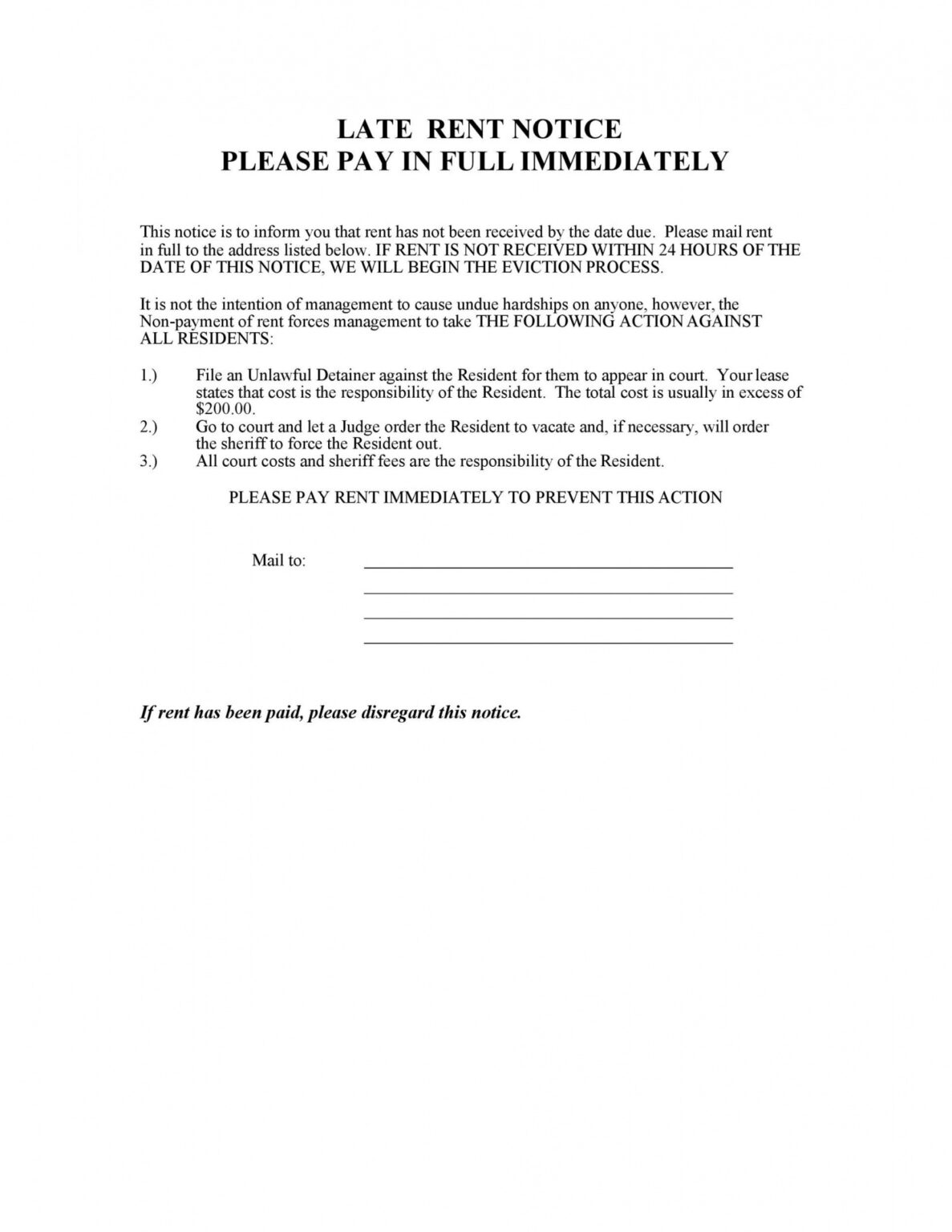 Printable Past Due Rent Notice Template PDF Tacitproject