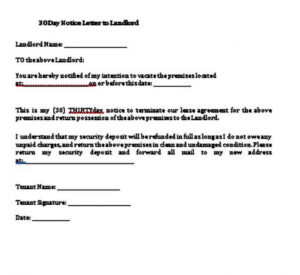 Professional 30 Day Written Notice To Landlord Template